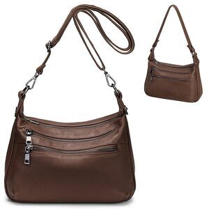 5696 Real Leather Shoulder Bag Medium Size Handbag Purse with Multiple Zip